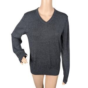 Closshi Japan 100% Merino Wool Sweater L Charcoal Gray V Neck Ribbed Trim Basic
